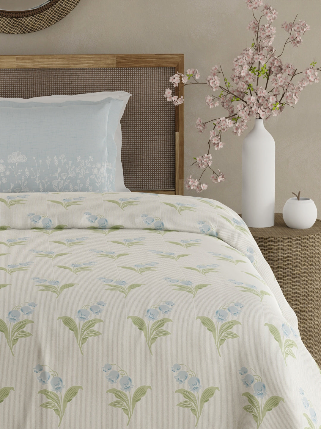 Valatia 100% Cotton 200 TC Single Bedsheet with 1 Pillow Cover - Green & Blue Floral