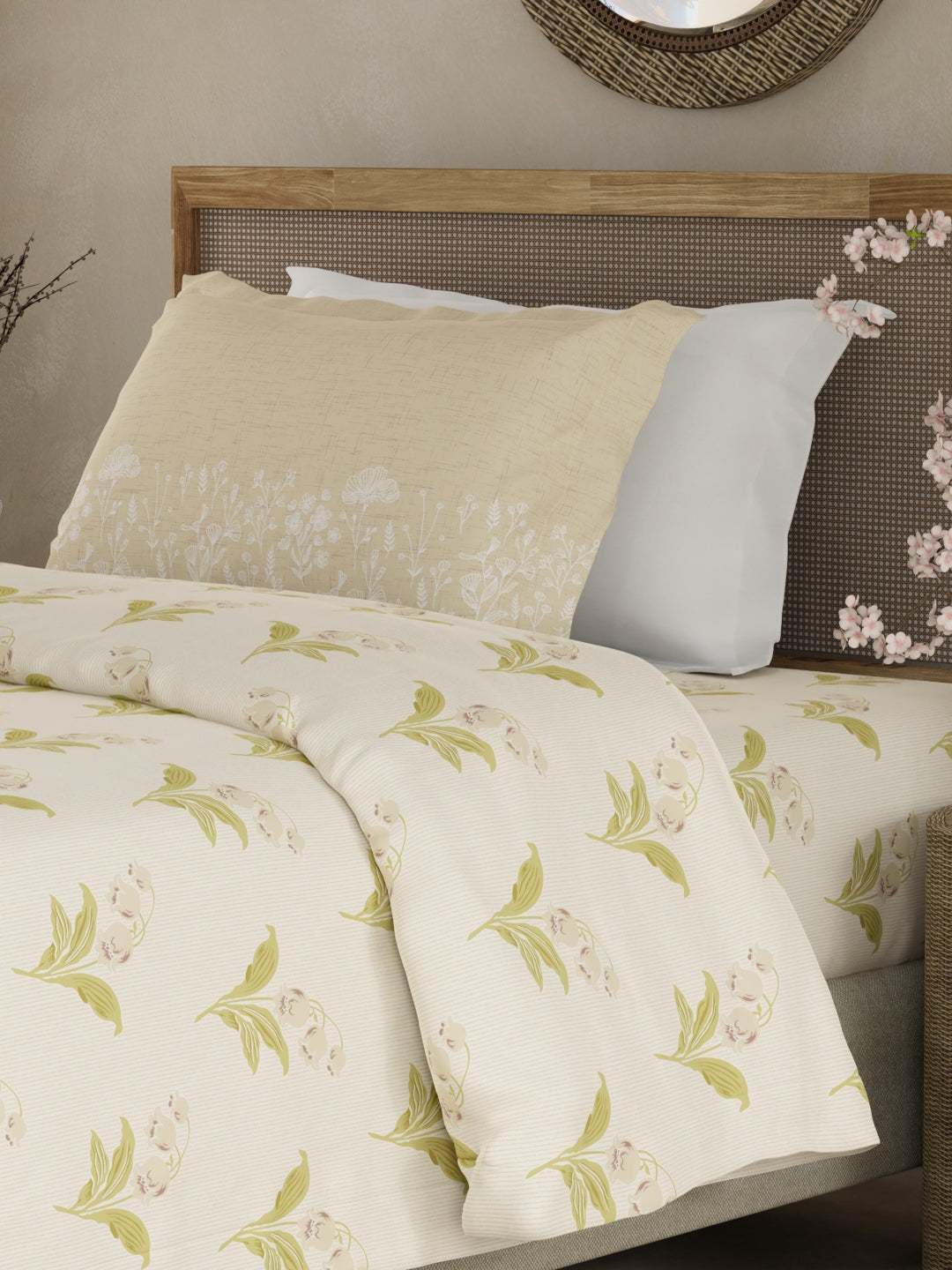 Valatia 100% Cotton 200 TC Single Bedsheet with 1 Pillow Cover - Cream Floral