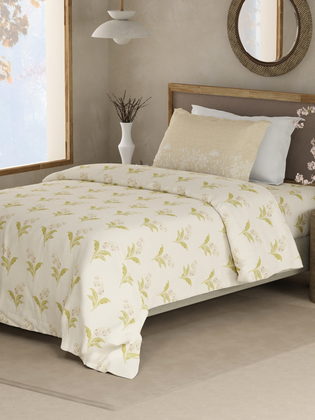 Valatia 100% Cotton 200 TC Single Bedsheet with 1 Pillow Cover - Cream Floral