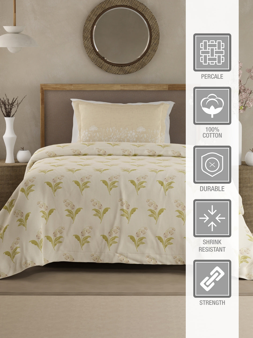 Valatia 100% Cotton 200 TC Single Bedsheet with 1 Pillow Cover - Cream Floral