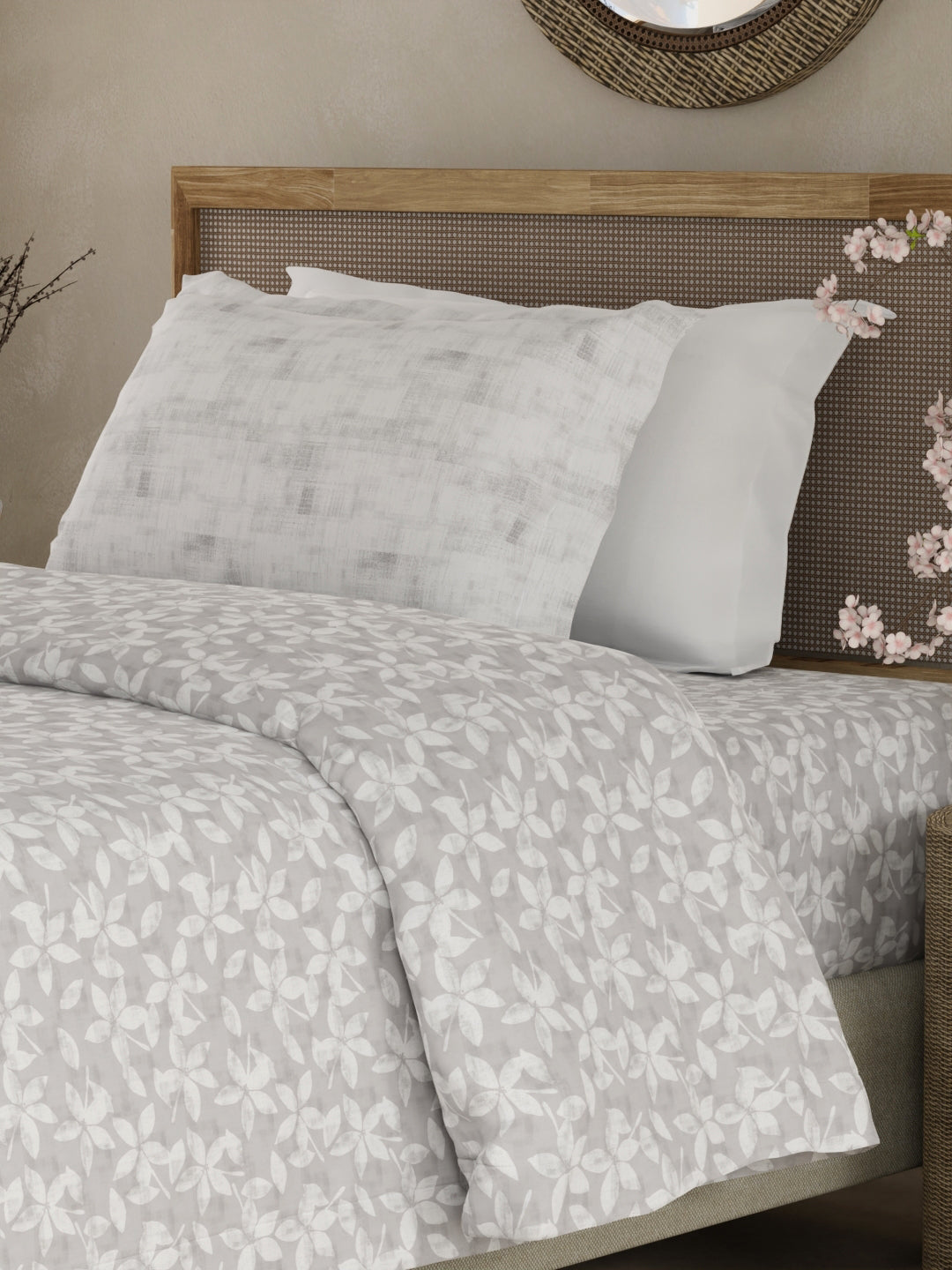 Valatia 100% Cotton 200 TC Single Bedsheet with 1 Pillow Cover - Grey & White Floral