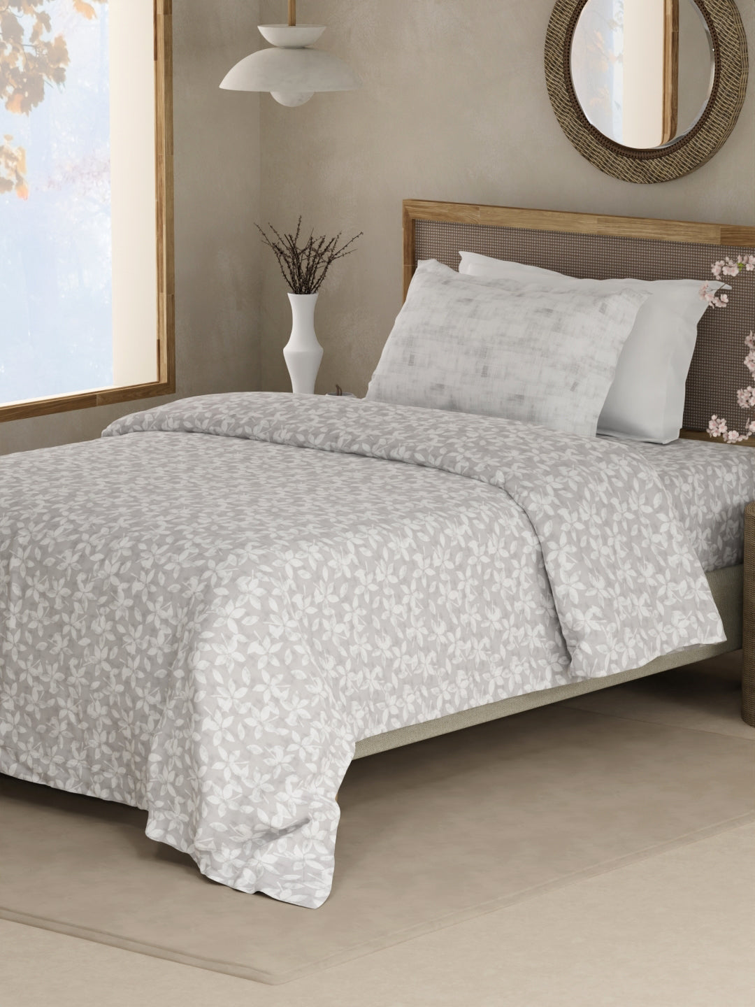 Valatia 100% Cotton 200 TC Single Bedsheet with 1 Pillow Cover - Grey & White Floral