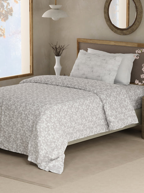 Valatia 100% Cotton 200 TC Single Bedsheet with 1 Pillow Cover - Grey & White Floral