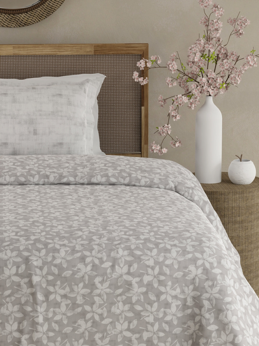 Valatia 100% Cotton 200 TC Single Bedsheet with 1 Pillow Cover - Grey & White Floral