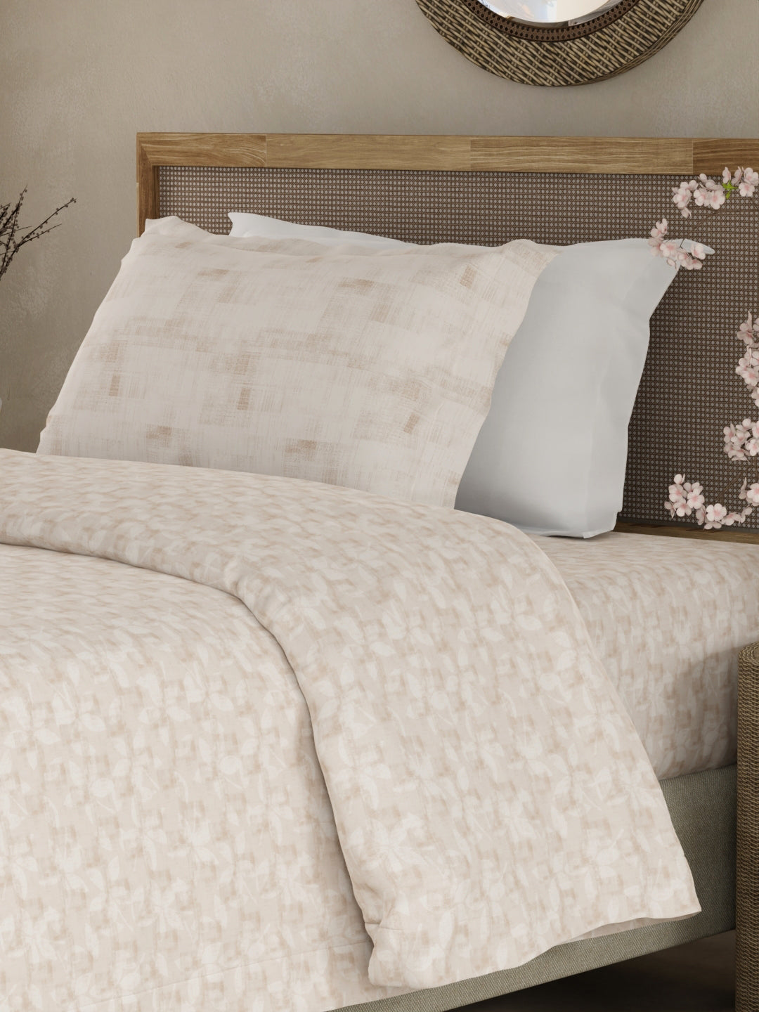 Valatia 100% Cotton 200 TC Single Bedsheet with 1 Pillow Cover - Beige Floral