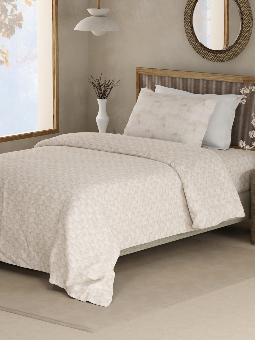 Valatia 100% Cotton 200 TC Single Bedsheet with 1 Pillow Cover - Beige Floral