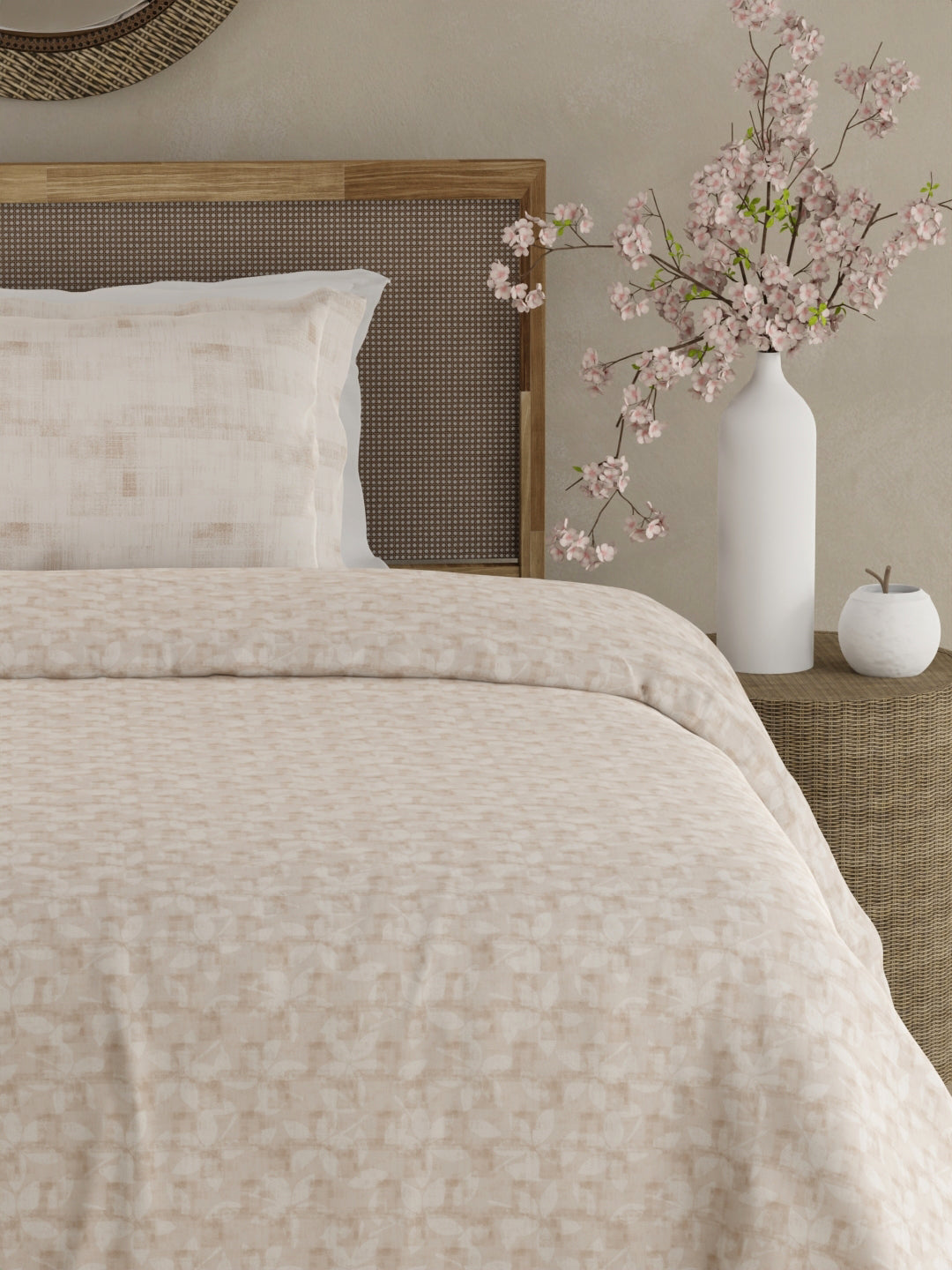 Valatia 100% Cotton 200 TC Single Bedsheet with 1 Pillow Cover - Beige Floral