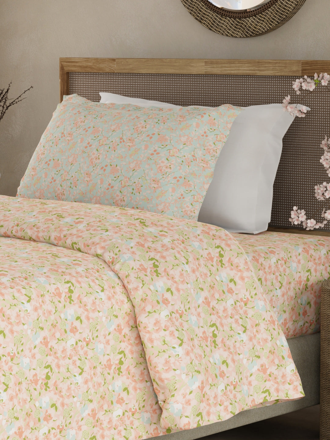 Valatia 100% Cotton 200 TC Single Bedsheet with 1 Pillow Cover - Pink Floral