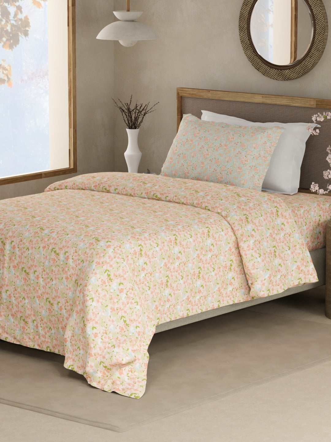 Valatia 100% Cotton 200 TC Single Bedsheet with 1 Pillow Cover - Pink Floral