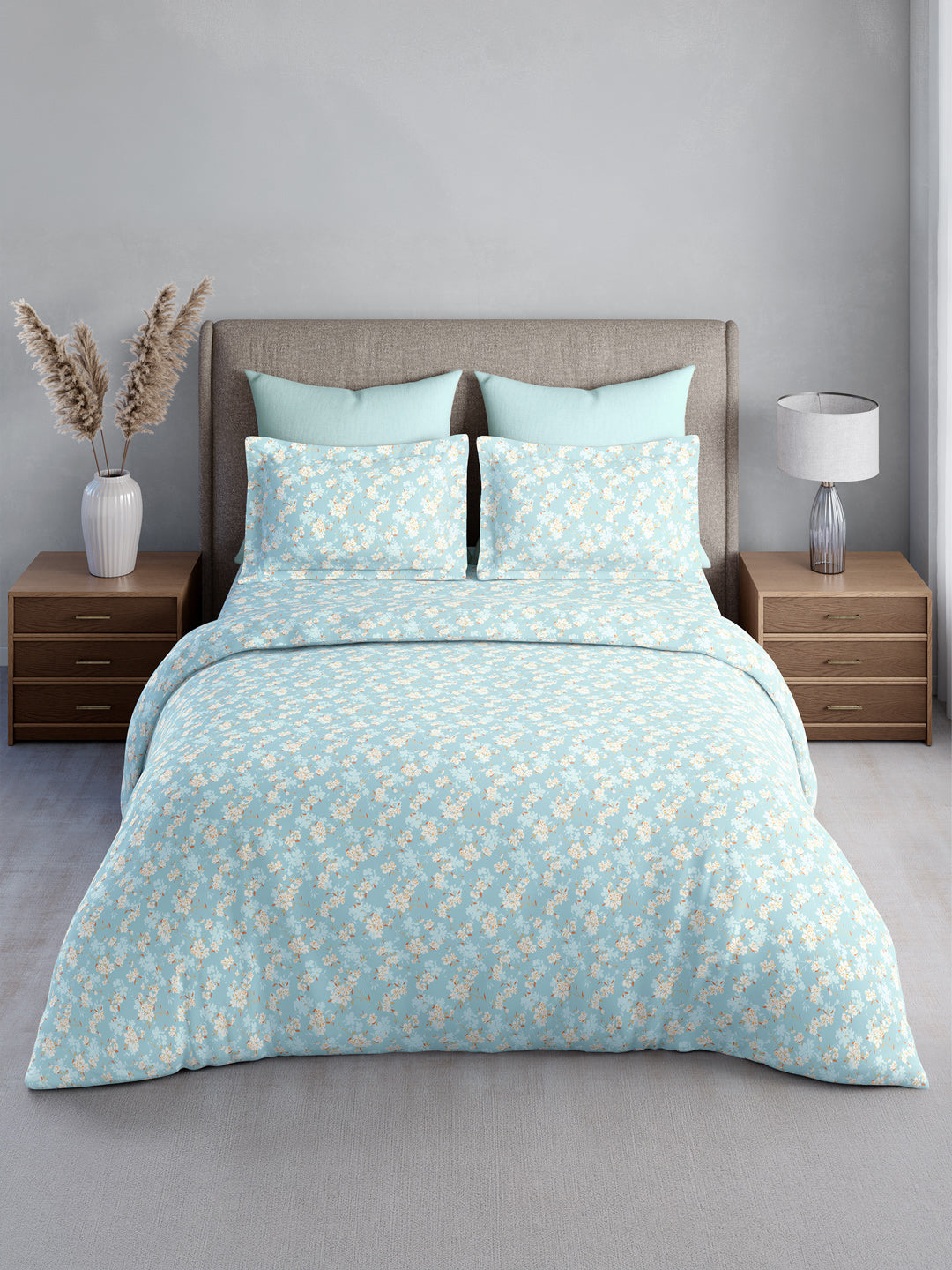 Nature Bouquet Premium 100% Cotton 300 TC Blue Floral King Bedsheet with 2 Pillow Covers (Jasmine Fragrance)