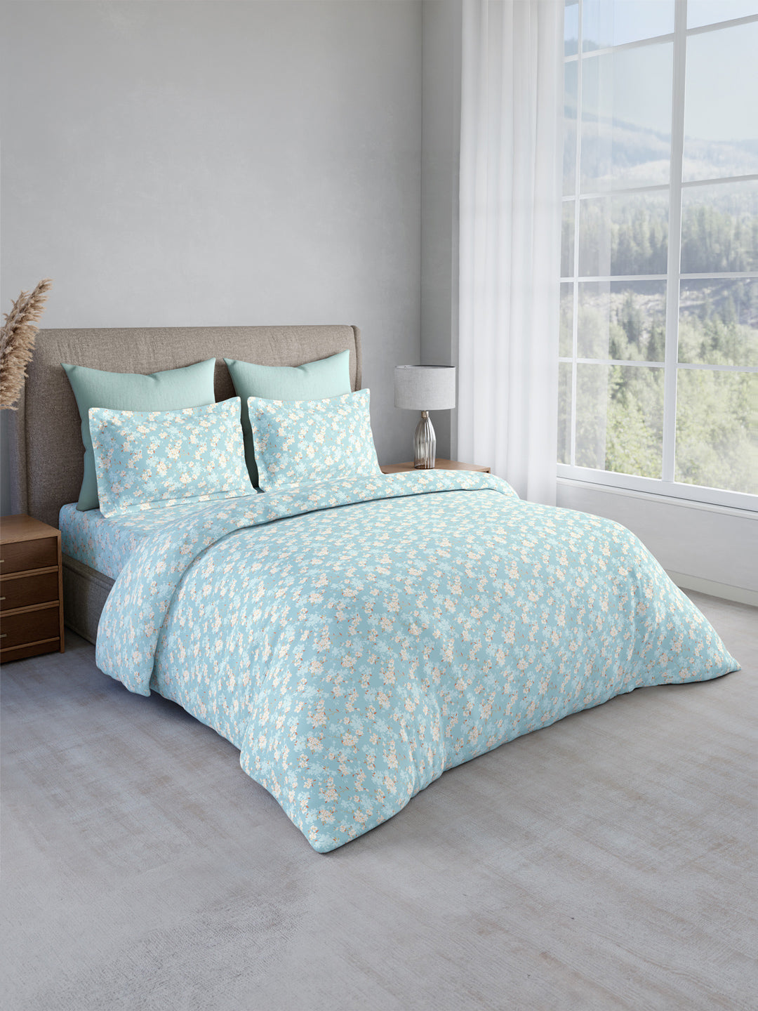 Nature Bouquet Premium 100% Cotton 300 TC Blue Floral King Bedsheet with 2 Pillow Covers (Jasmine Fragrance)