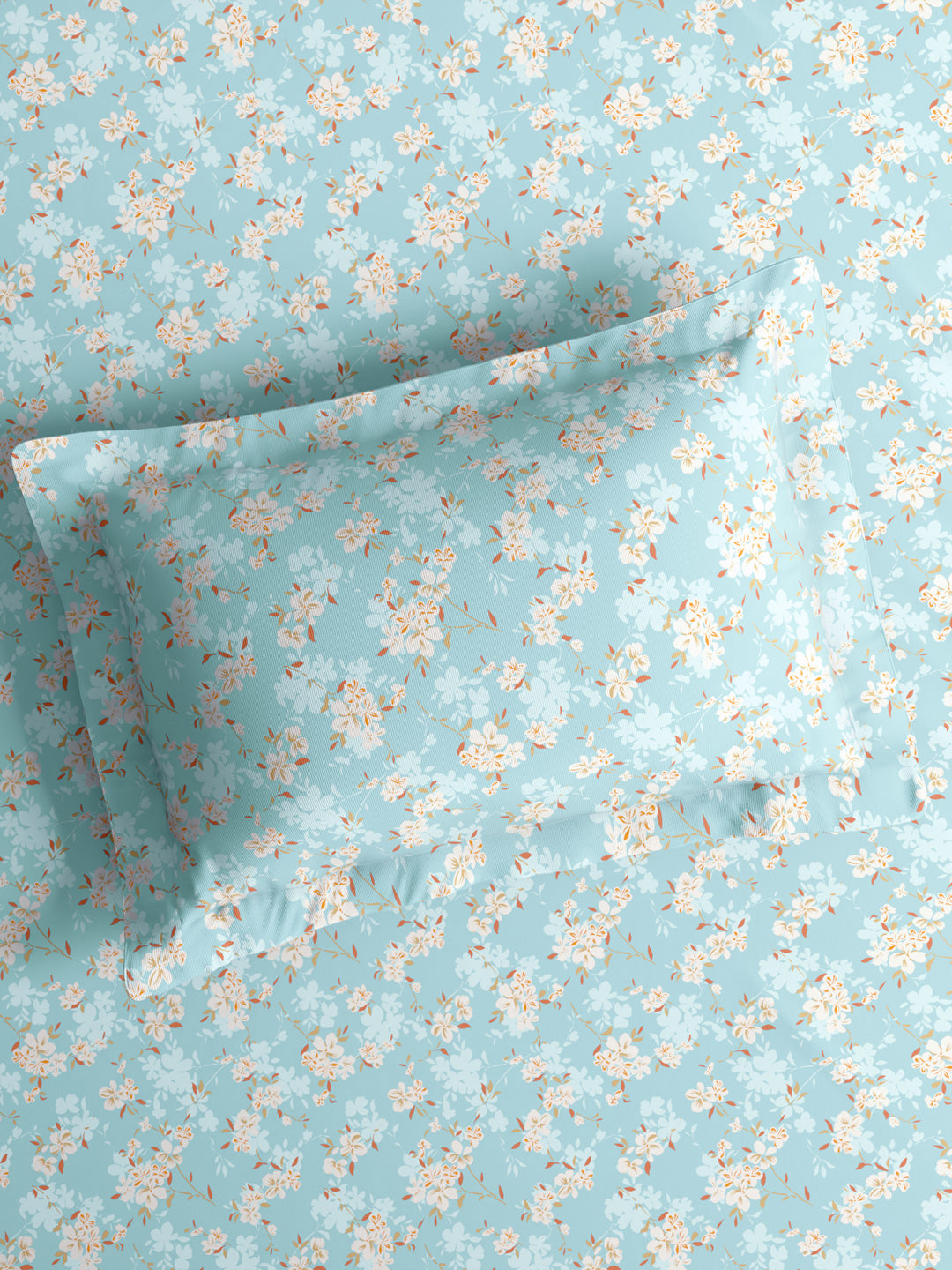 Nature Bouquet Premium 100% Cotton 300 TC Blue Floral King Bedsheet with 2 Pillow Covers (Jasmine Fragrance)