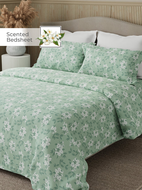 Nature Bouquet Premium 100% Cotton 300 TC Green Floral King Bedsheet with 2 Pillow Covers (Jasmine Fragrance)