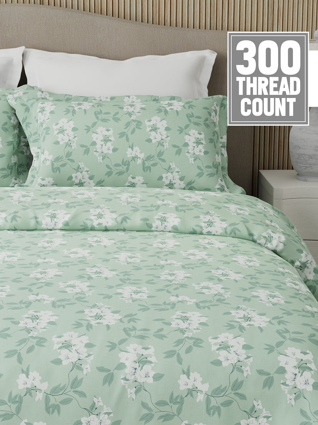 Nature Bouquet Premium 100% Cotton 300 TC Green Floral King Bedsheet with 2 Pillow Covers (Jasmine Fragrance)
