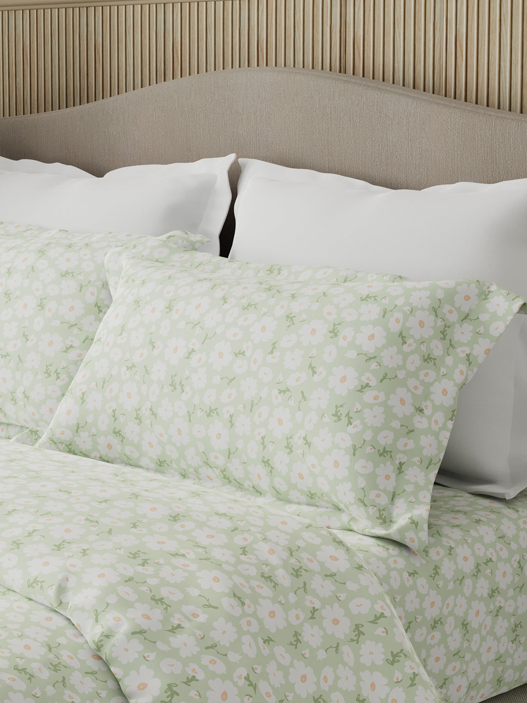 Nature Bouquet Premium 100% Cotton 300 TC Green Floral King Bedsheet with 2 Pillow Covers (Green Apple Fragrance)