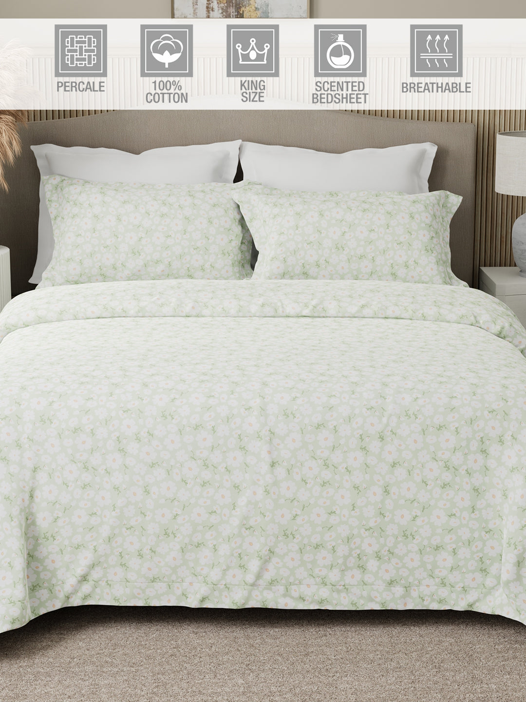 Nature Bouquet Premium 100% Cotton 300 TC Green Floral King Bedsheet with 2 Pillow Covers (Green Apple Fragrance)