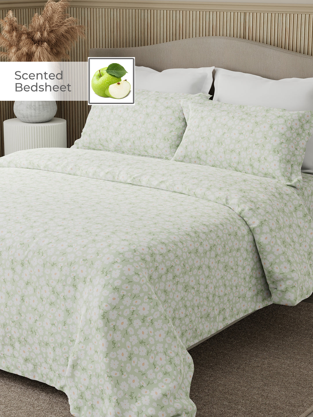 Nature Bouquet Premium 100% Cotton 300 TC Green Floral King Bedsheet with 2 Pillow Covers (Green Apple Fragrance)