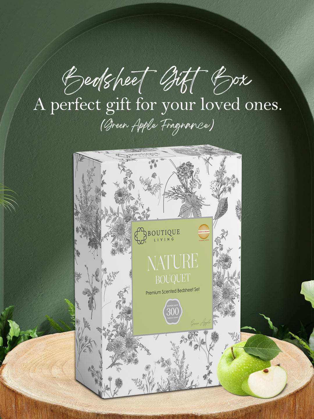Nature Bouquet Premium 100% Cotton 300 TC Green Floral King Bedsheet with 2 Pillow Covers (Green Apple Fragrance)