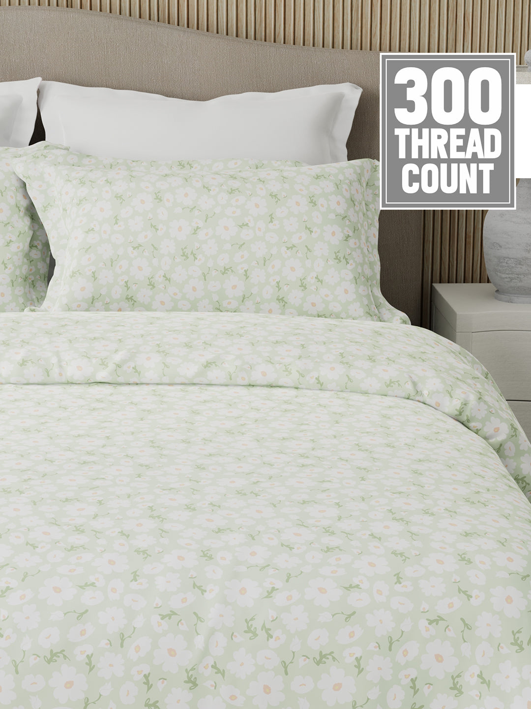 Nature Bouquet Premium 100% Cotton 300 TC Green Floral King Bedsheet with 2 Pillow Covers (Green Apple Fragrance)