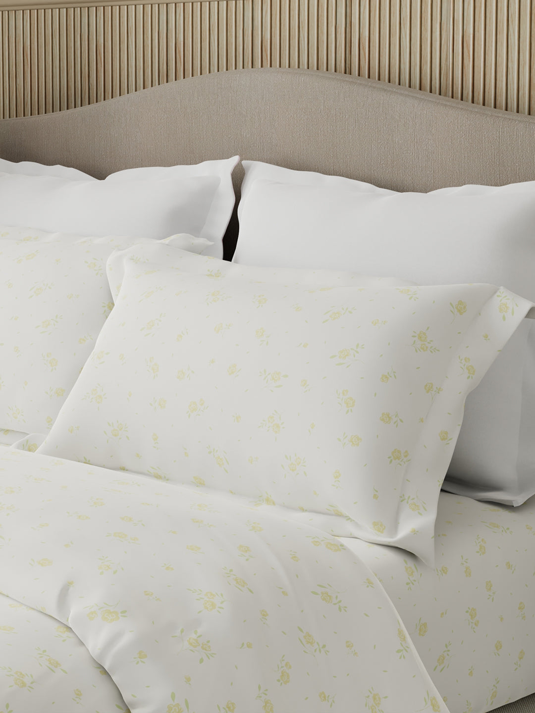 Nature Bouquet Premium 100% Cotton 300 TC White & Yellow Floral King Bedsheet with 2 Pillow Covers (Green Apple Fragrance)