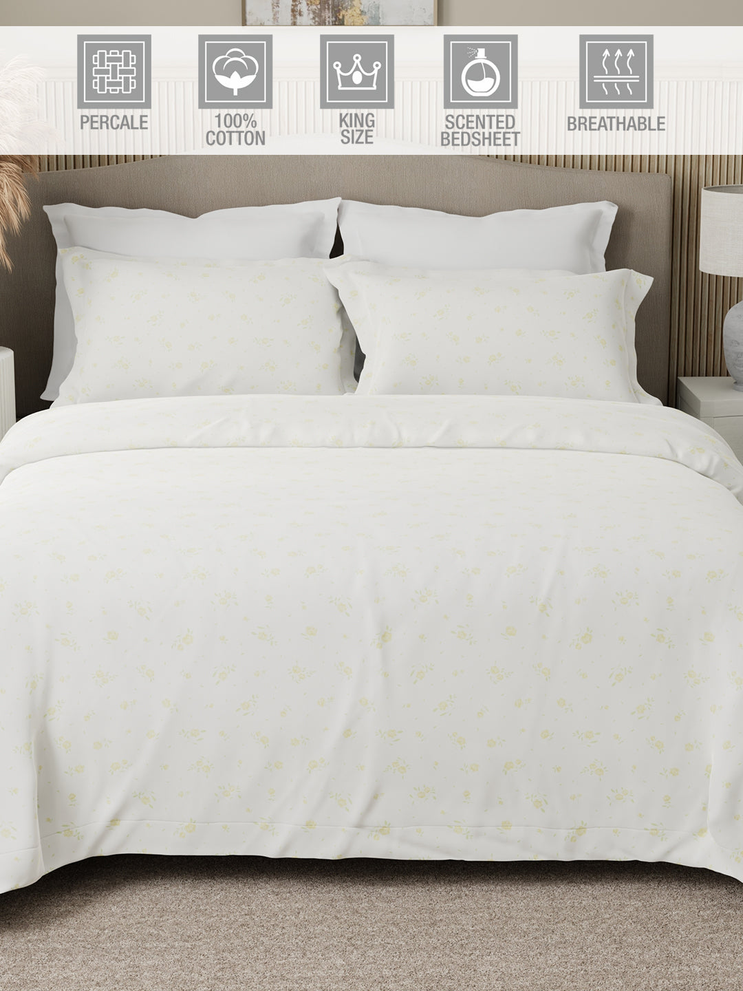 100% Cotton Scented King Bedsheet Set, 300 TC White & Yellow Floral (Green Apple Fragrance), Nature Bouquet
