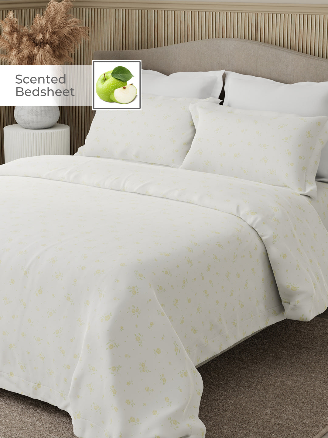 100% Cotton Scented King Bedsheet Set, 300 TC White & Yellow Floral (Green Apple Fragrance), Nature Bouquet