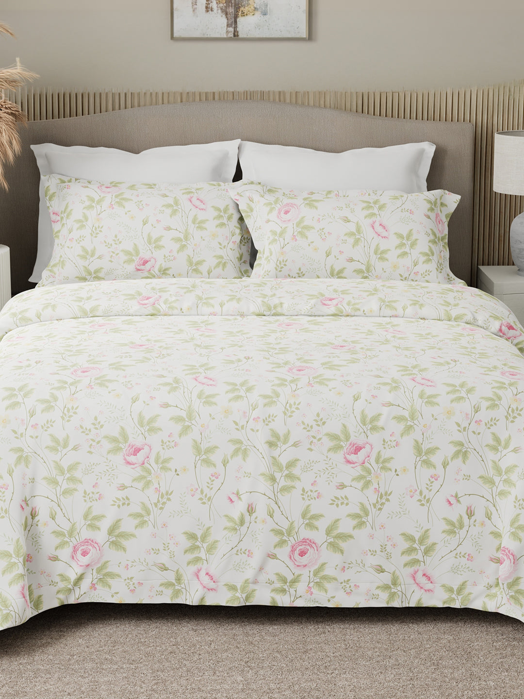 Nature Bouquet Premium 100% Cotton 300 TC White, Green & Pink Floral King Bedsheet with 2 Pillow Covers (Rose Fragrance)