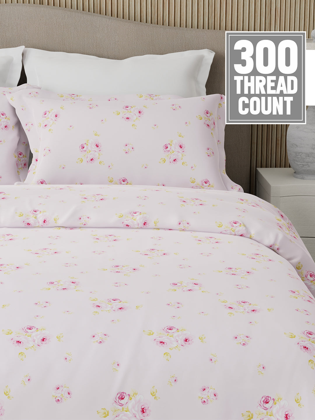 100% Cotton Scented King Bedsheet Set, 300 TC Pink Floral (Rose Fragrance), Nature Bouquet