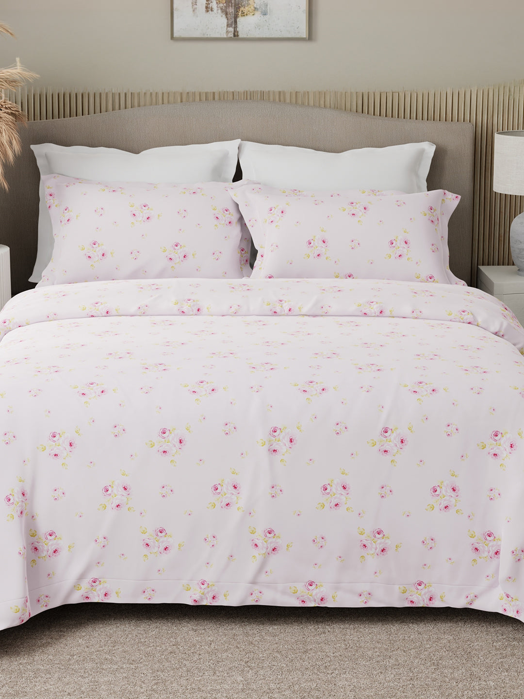 100% Cotton Scented King Bedsheet Set, 300 TC Pink Floral (Rose Fragrance), Nature Bouquet