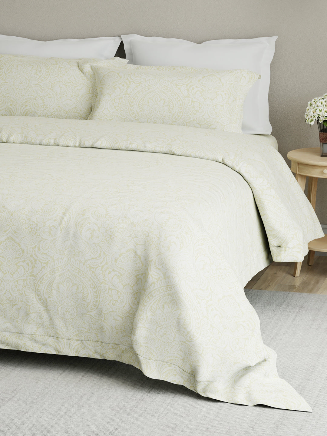 100% Cotton King Bedsheet Set, 300 TC Green & White Ethnic Print - Perfect for Gifting, Cottage Garden