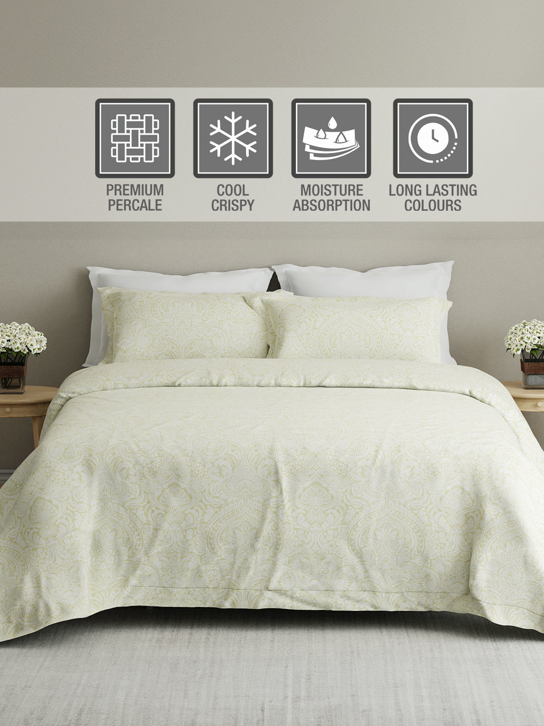 100% Cotton King Bedsheet Set, 300 TC Green & White Ethnic Print - Perfect for Gifting, Cottage Garden