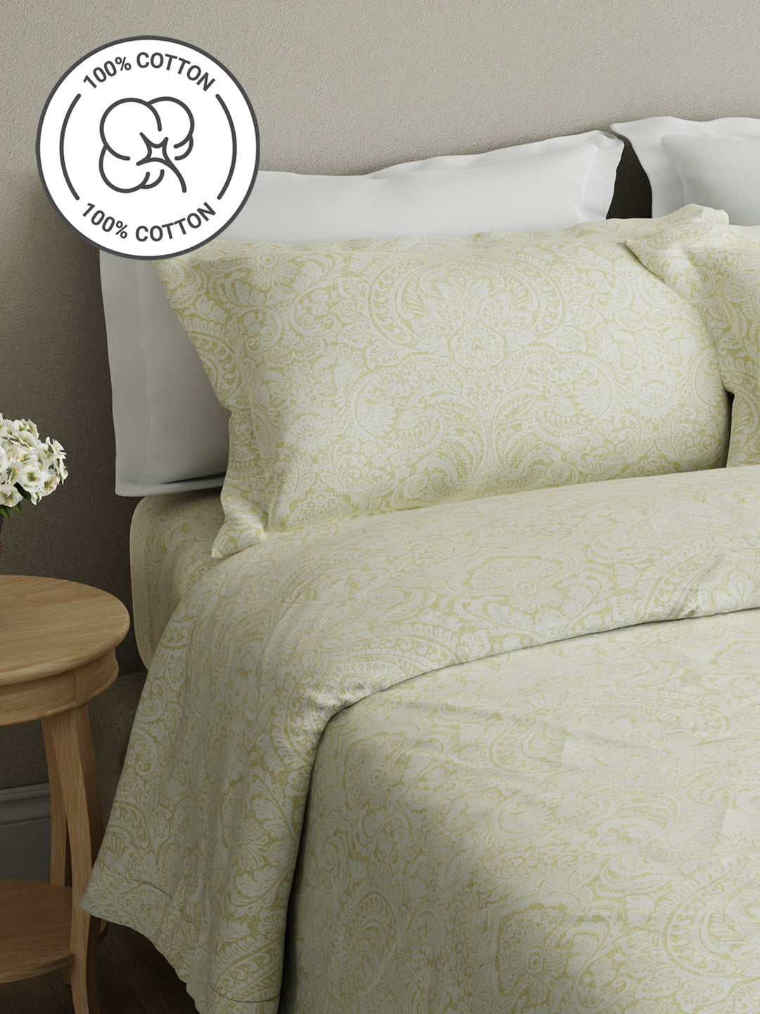 100% Cotton King Bedsheet Set, 300 TC Green & White Ethnic Print - Perfect for Gifting, Cottage Garden