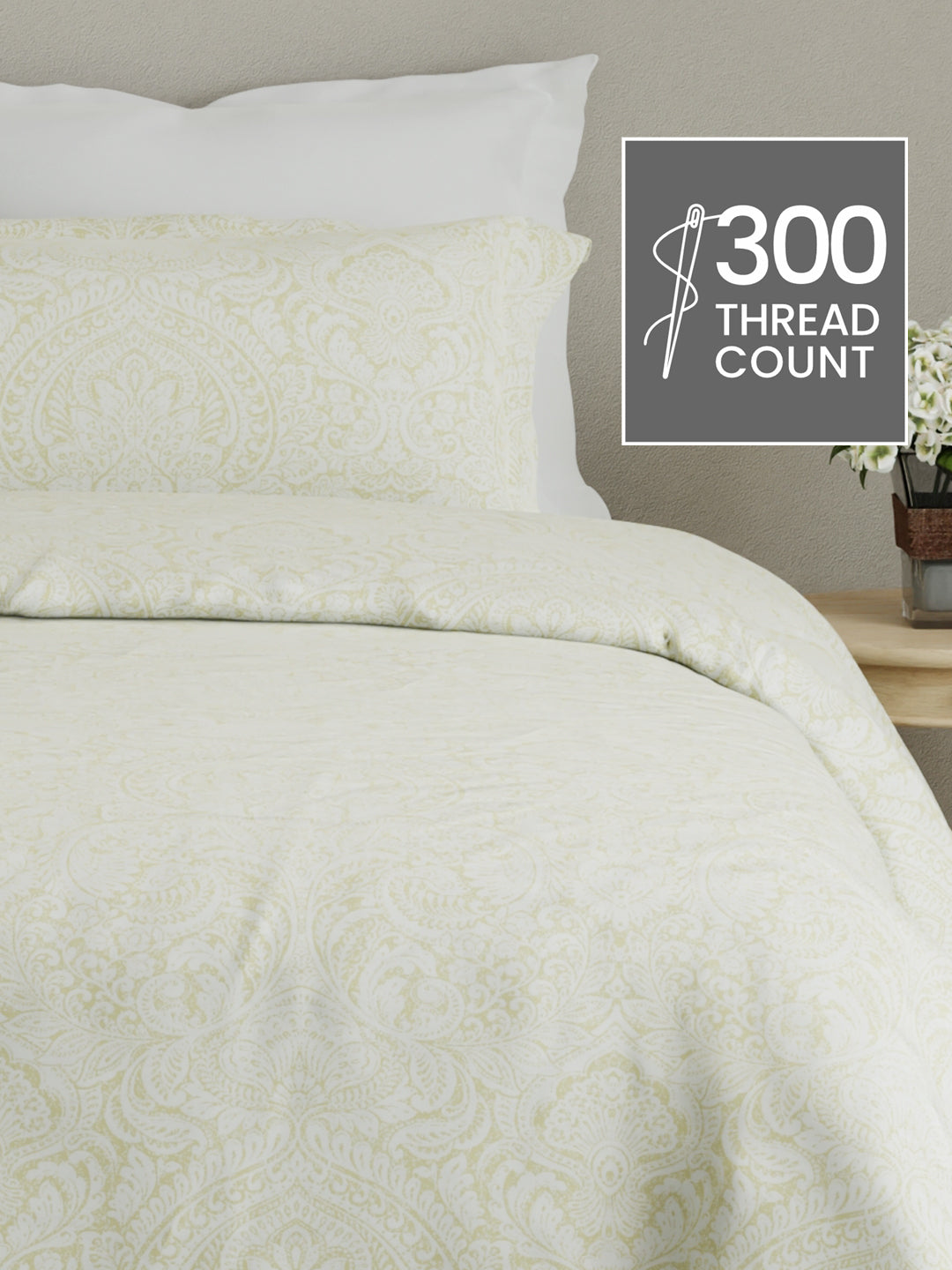 100% Cotton King Bedsheet Set, 300 TC Green & White Ethnic Print - Perfect for Gifting, Cottage Garden