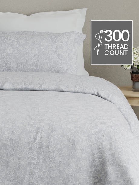 Cottage Garden 100% Cotton 300 TC Grey Floral King Bedsheet with 2 Pillow Covers - Perfect for Gifting