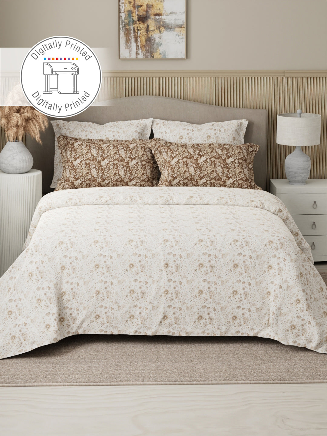 Royal Essence 100% Cotton 400 TC White & Brown Digital Floral Print King Bedsheet with 4 Pillow Covers
