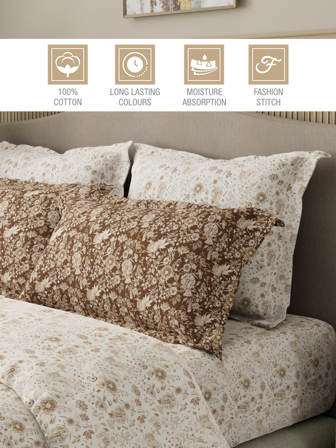 Royal Essence 100% Cotton 400 TC White & Brown Digital Floral Print King Bedsheet with 4 Pillow Covers