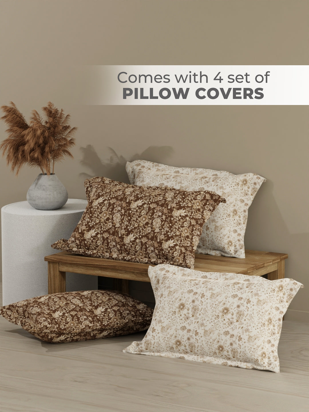 Royal Essence 100% Cotton 400 TC White & Brown Digital Floral Print King Bedsheet with 4 Pillow Covers