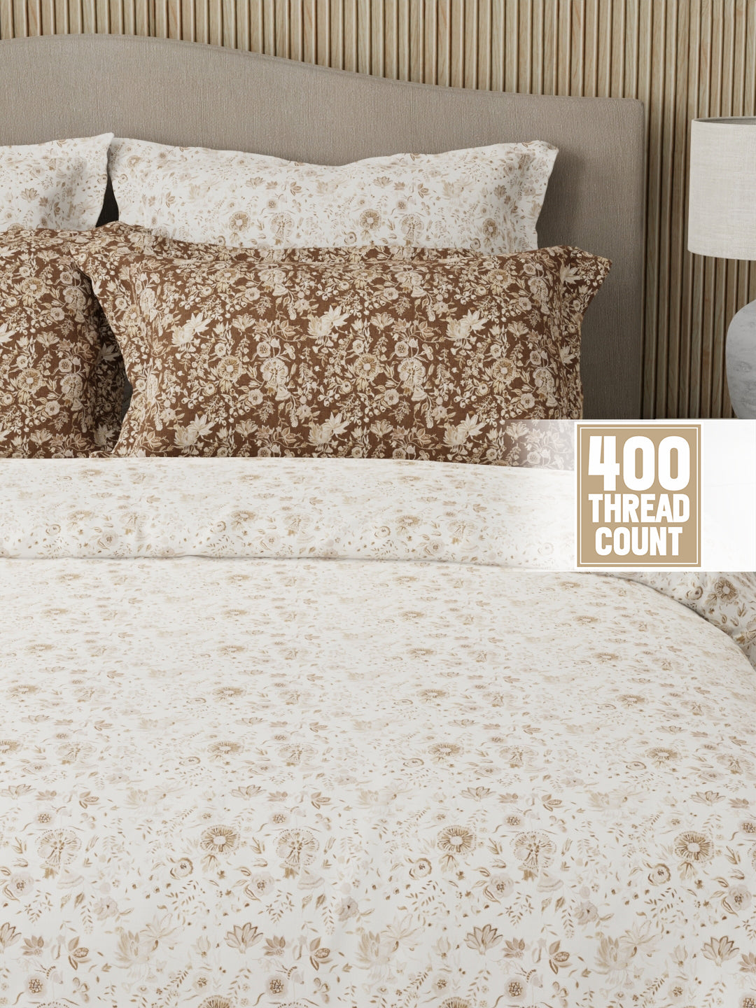 Royal Essence 100% Cotton 400 TC White & Brown Digital Floral Print King Bedsheet with 4 Pillow Covers