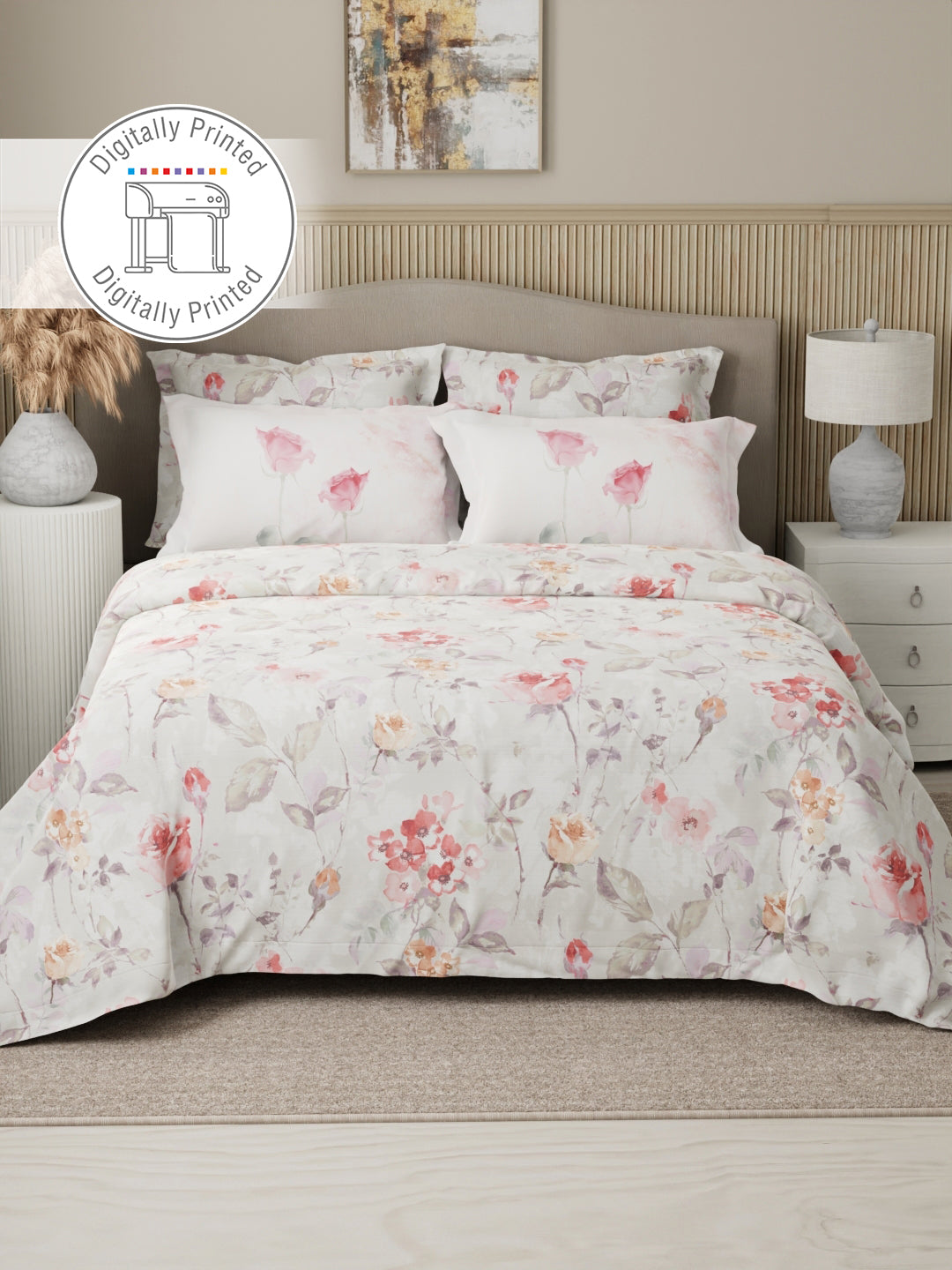 Royal Essence 100% Cotton 400 TC Grey Digital Floral Print King Bedsheet with 4 Pillow Covers