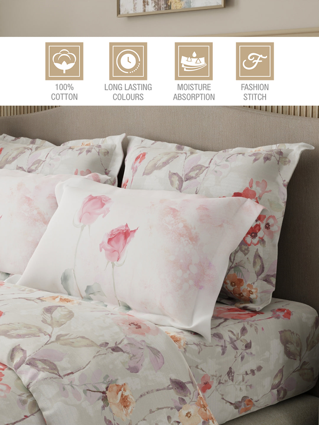 Royal Essence 100% Cotton 400 TC Grey Digital Floral Print King Bedsheet with 4 Pillow Covers