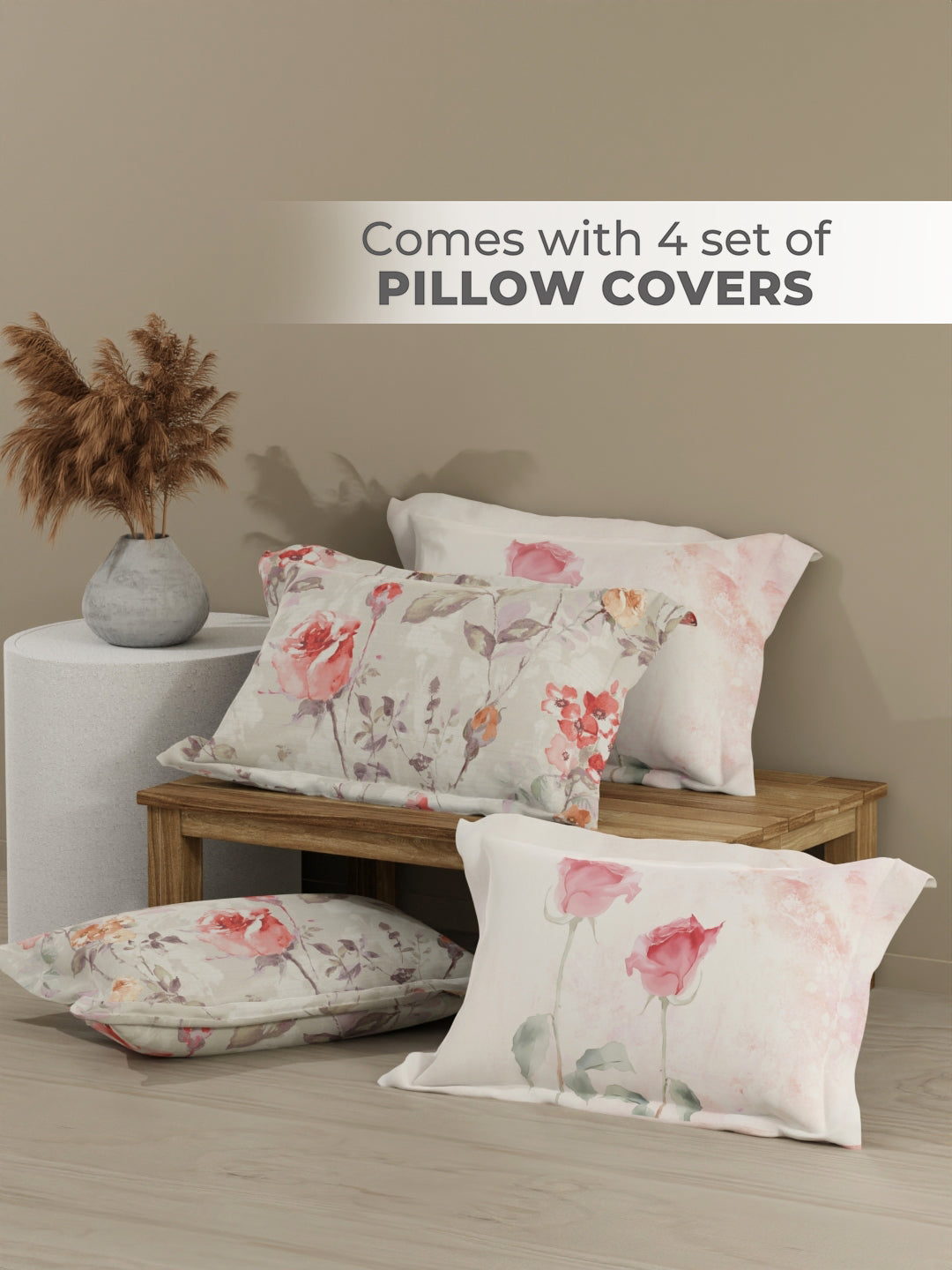 Royal Essence 100% Cotton 400 TC Grey Digital Floral Print King Bedsheet with 4 Pillow Covers