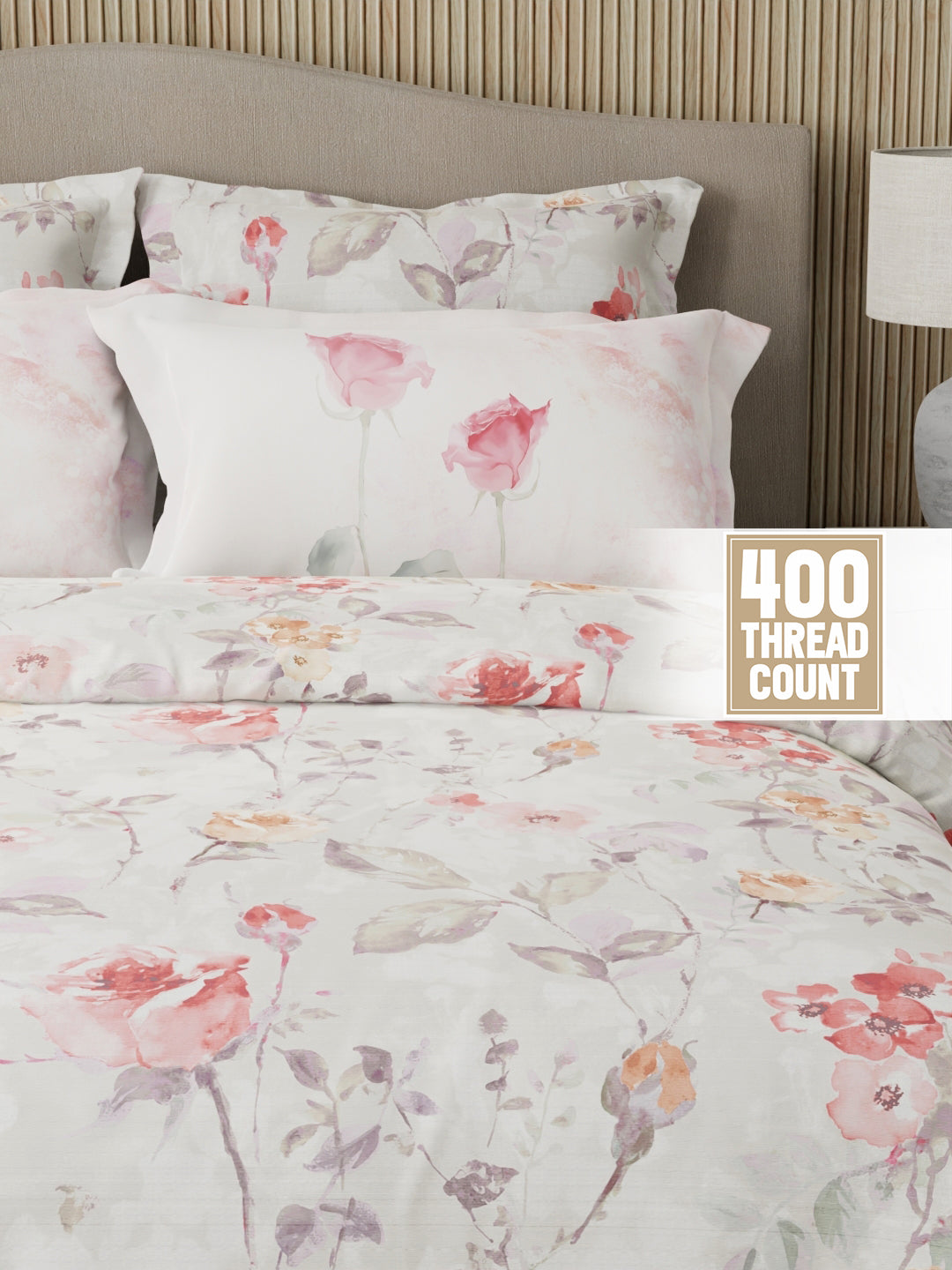 Royal Essence 100% Cotton 400 TC Grey Digital Floral Print King Bedsheet with 4 Pillow Covers