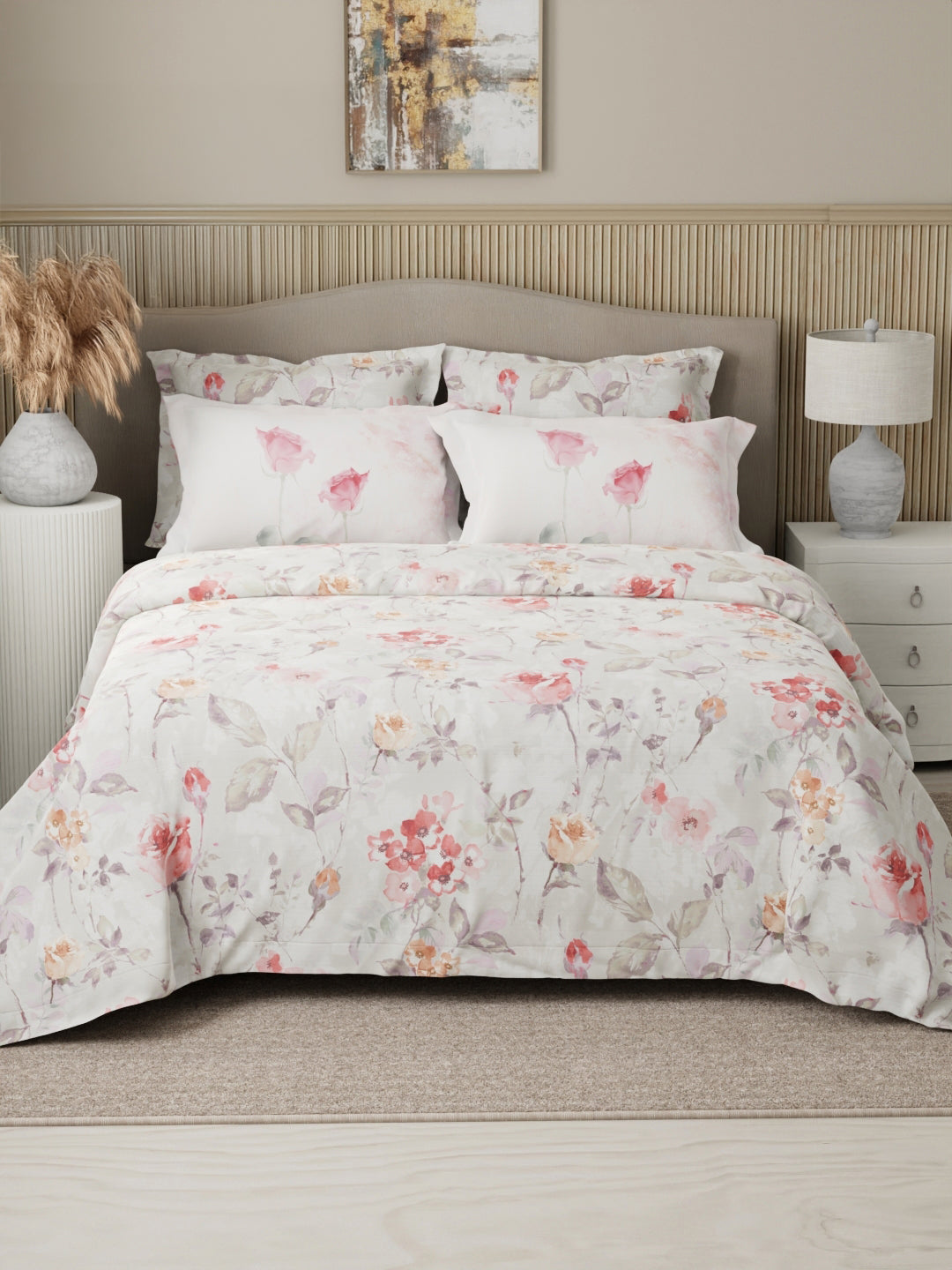 Royal Essence 100% Cotton 400 TC Grey Digital Floral Print King Bedsheet with 4 Pillow Covers