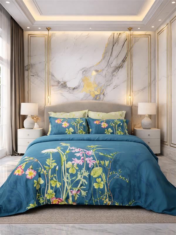 Bedroom with floral bedding and marble wall