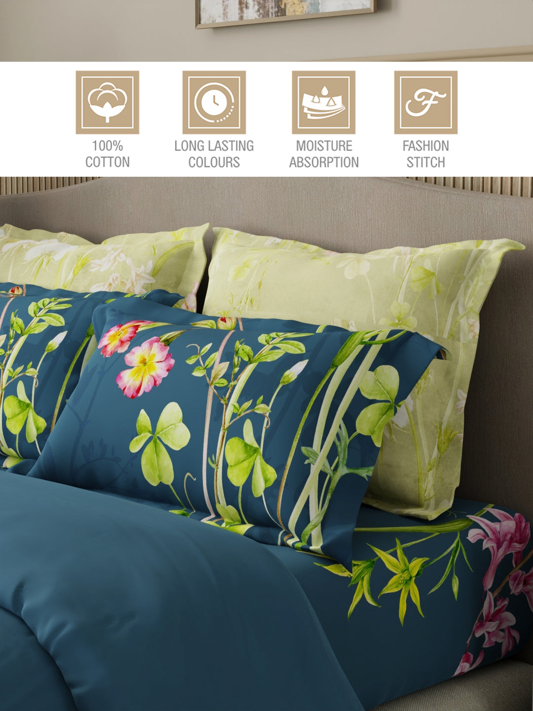 Floral bedding set with decorative pillows on a bed, featuring product features at the top.