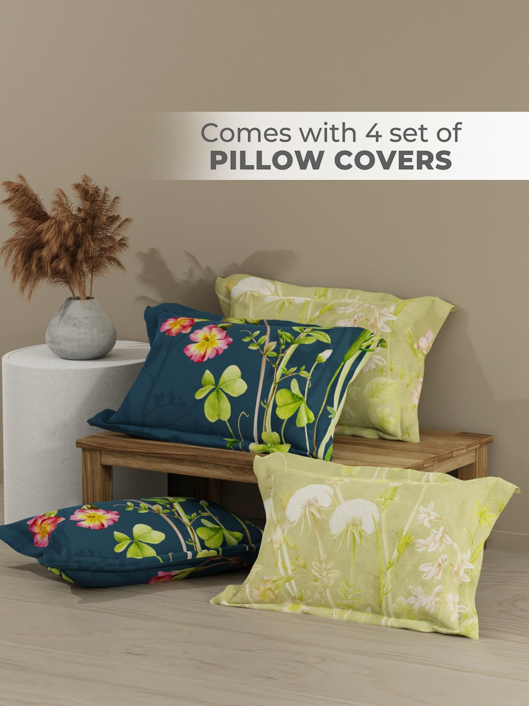 Royal Essence 100% Cotton 400 TC Blue Digital Floral Print King Bedsheet with 4 Pillow Covers