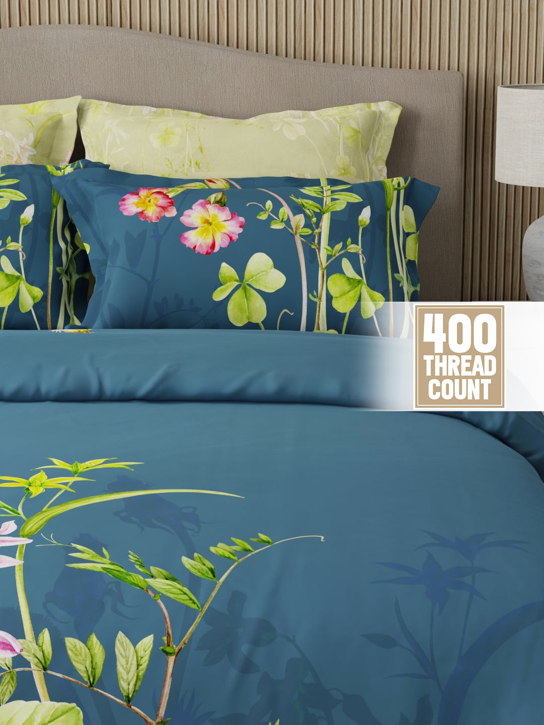 Royal Essence 100% Cotton 400 TC Blue Digital Floral Print King Bedsheet with 4 Pillow Covers