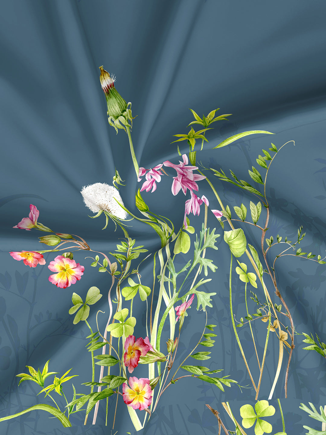 Floral bedding set with decorative pillows on a bed, featuring product features at the top.