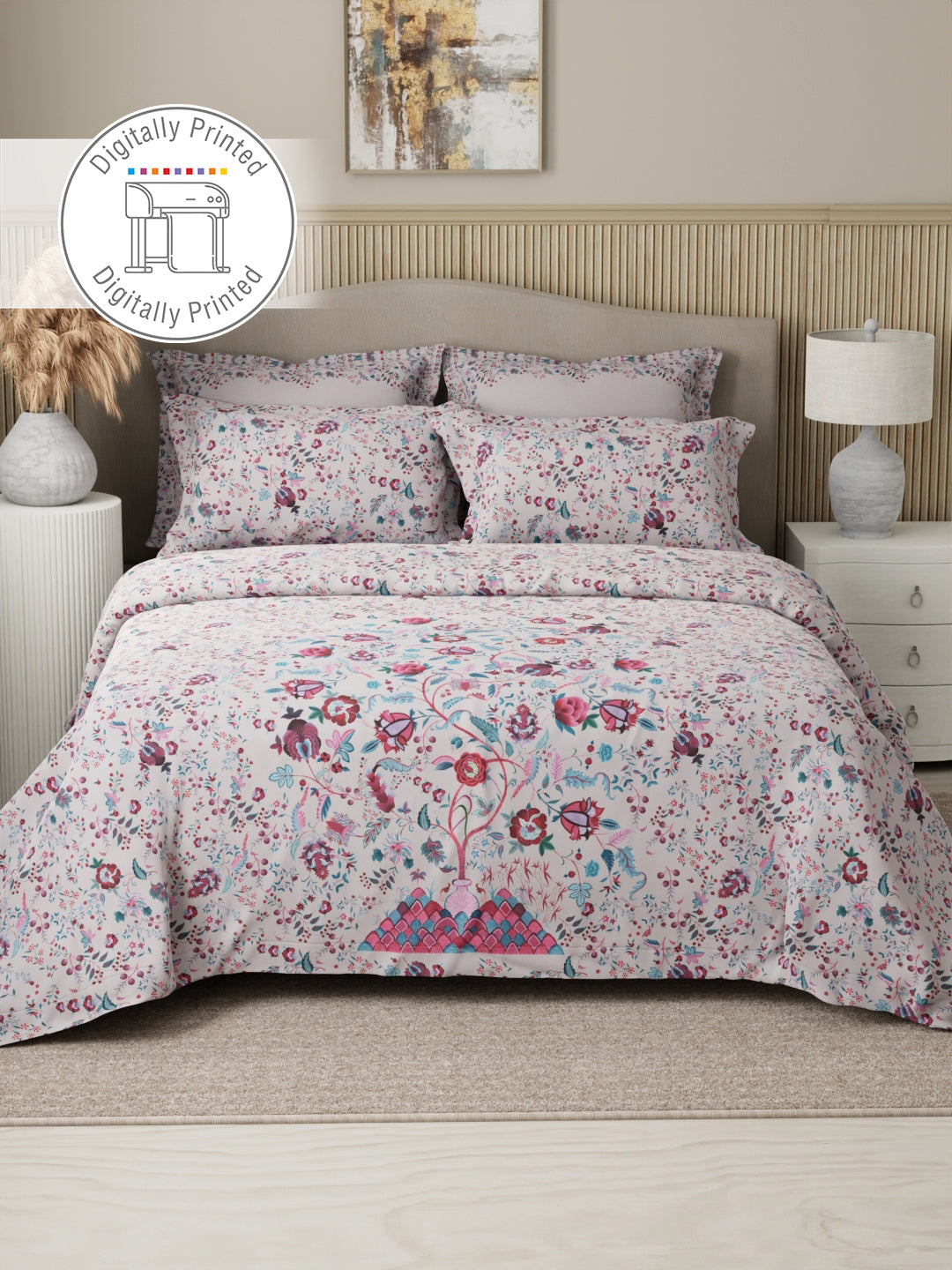 Royal Essence 100% Cotton 400 TC Pink & Blue Digital Floral Print King Bedsheet with 4 Pillow Covers
