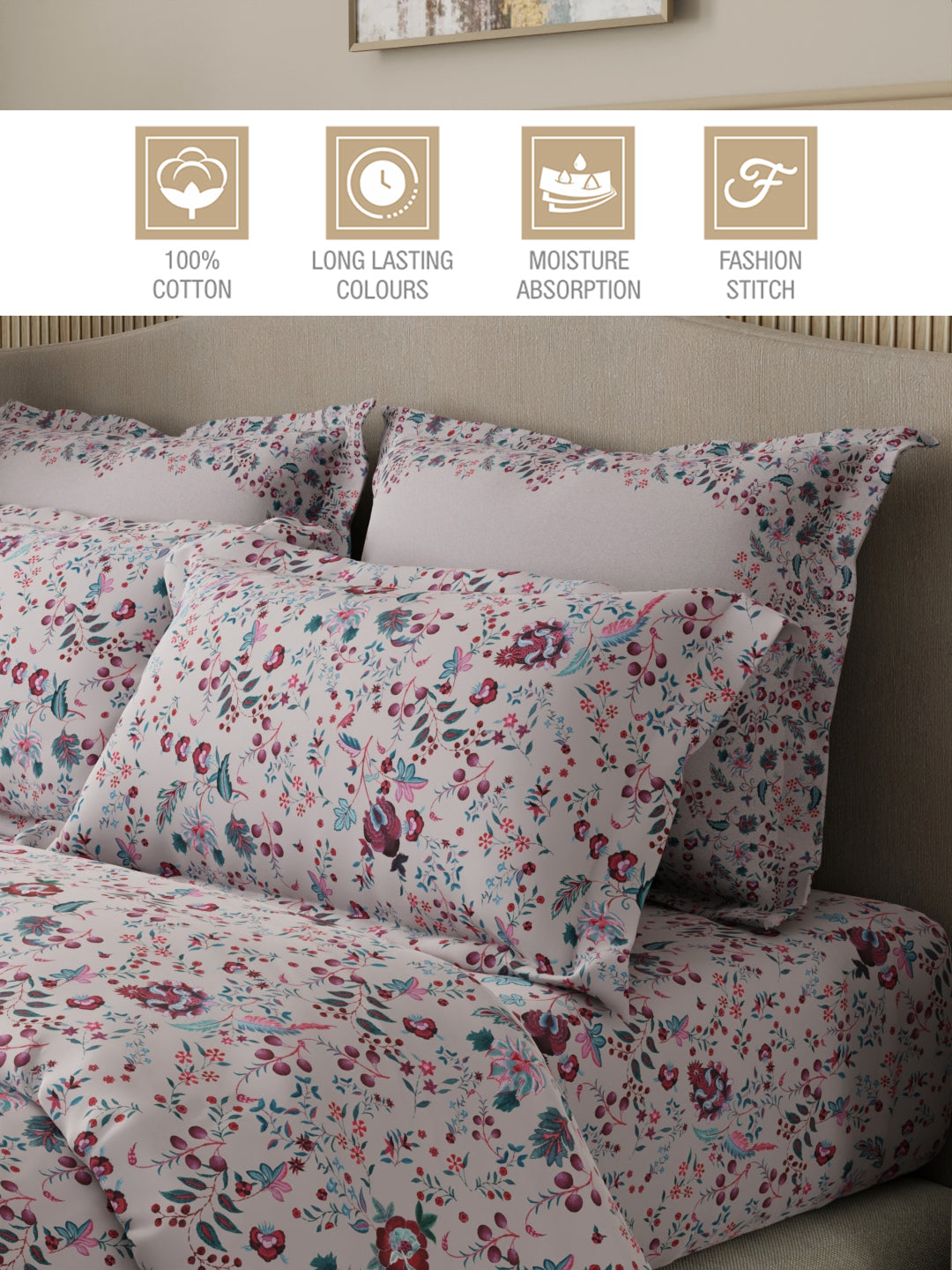 Royal Essence 100% Cotton 400 TC Pink & Blue Digital Floral Print King Bedsheet with 4 Pillow Covers